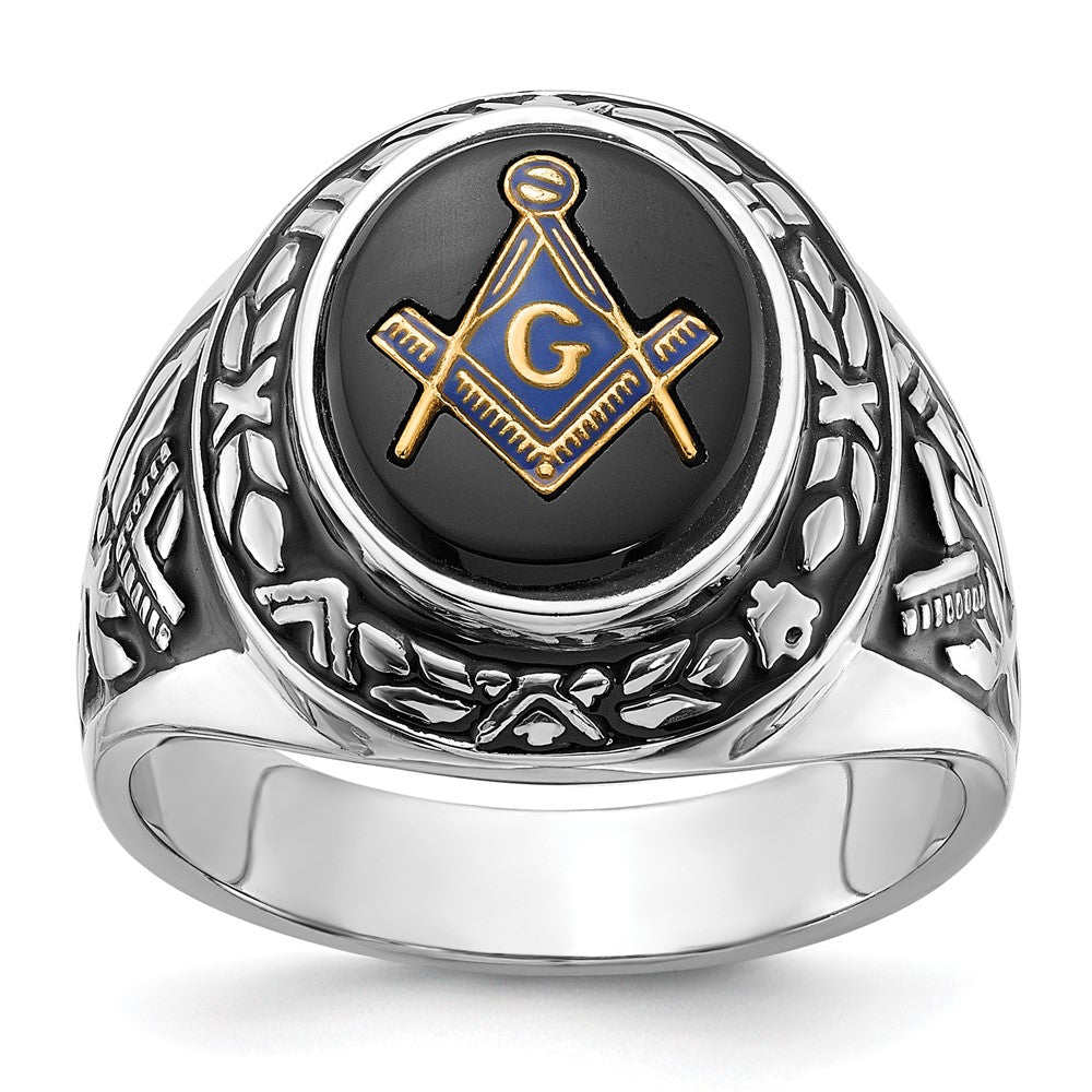 14k White Gold Men's Polished, Antiqued and Textured with Oval Onyx Masonic Ring