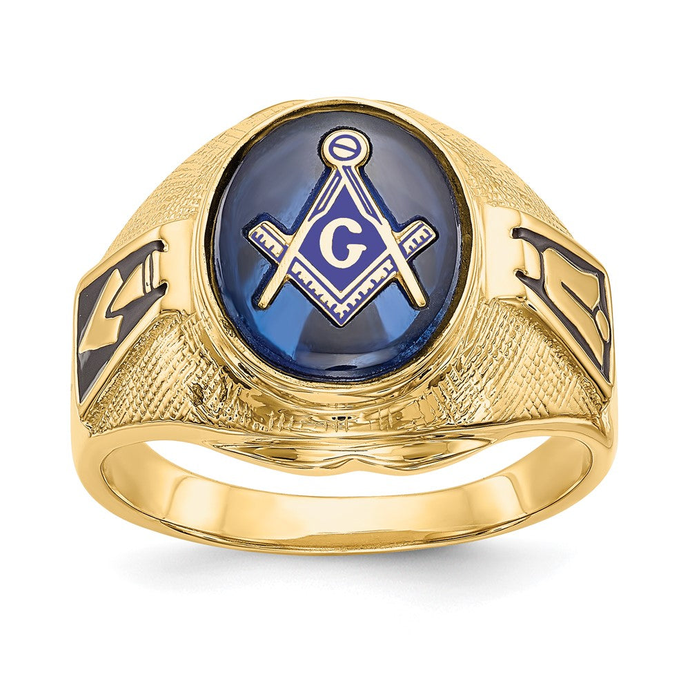 14k Men's Polished, Antiqued and Textured with Synthetic Blue Spinel Masonic Ring