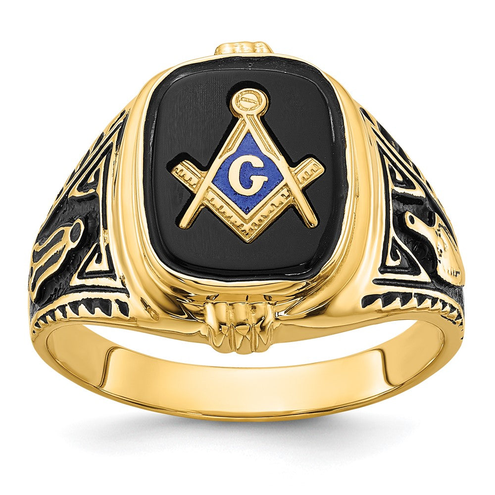 14k Men's Polished, Antiqued and Textured with Onyx Masonic Ring