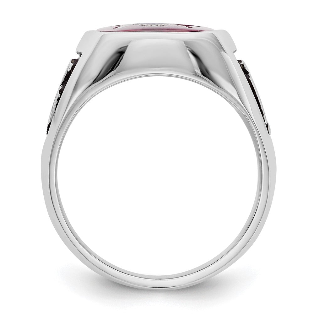 14k White Gold Men's Polished and Textured with Black Enamel and Lab Created Ruby Masonic Ring