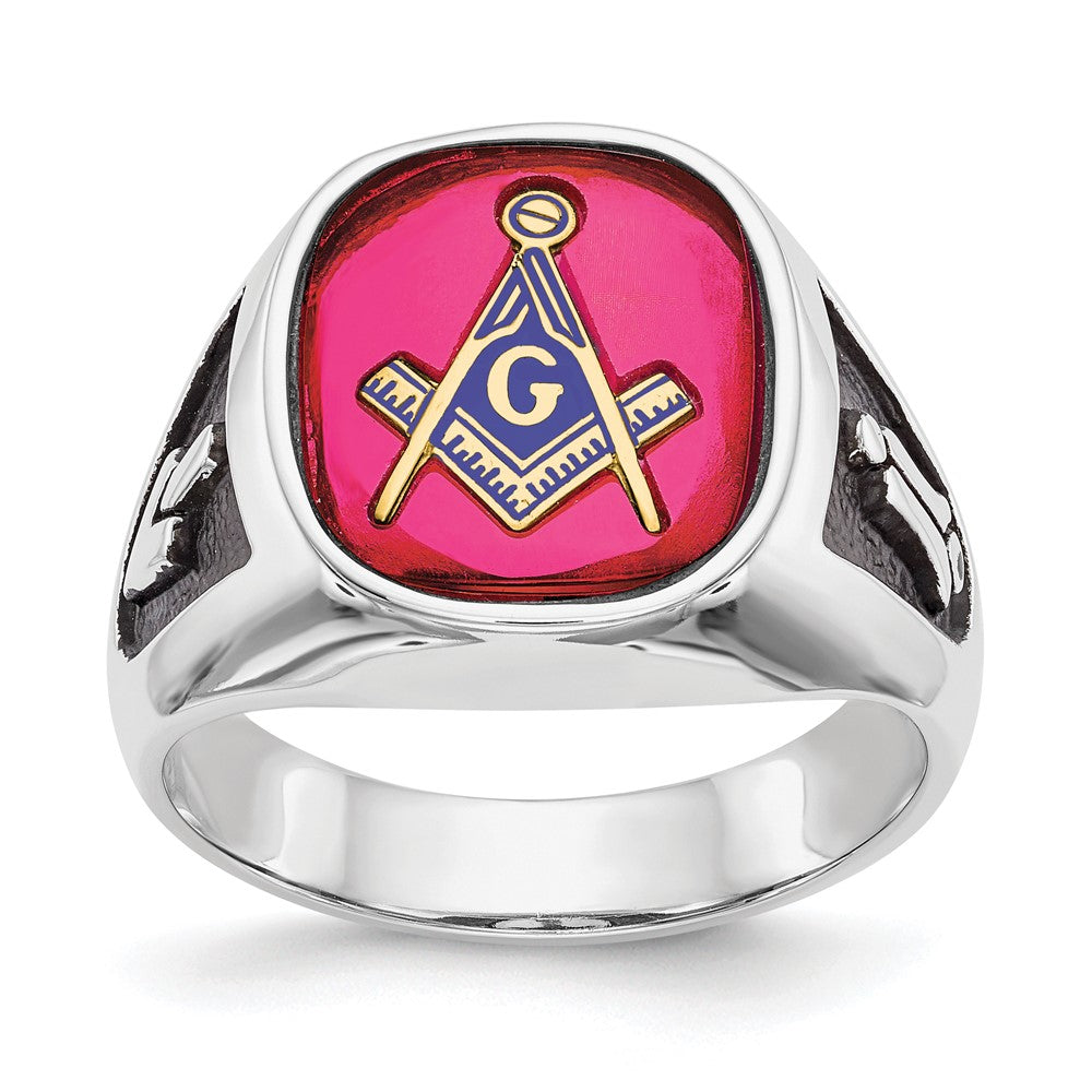 14k White Gold Men's Polished and Textured with Black Enamel and Lab Created Ruby Masonic Ring