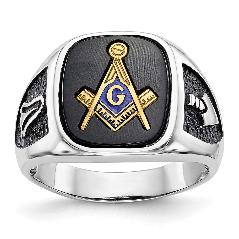 14k White Gold and Gold-plated Polished and Textured with Black Enamel and Onyx Masonic Ring