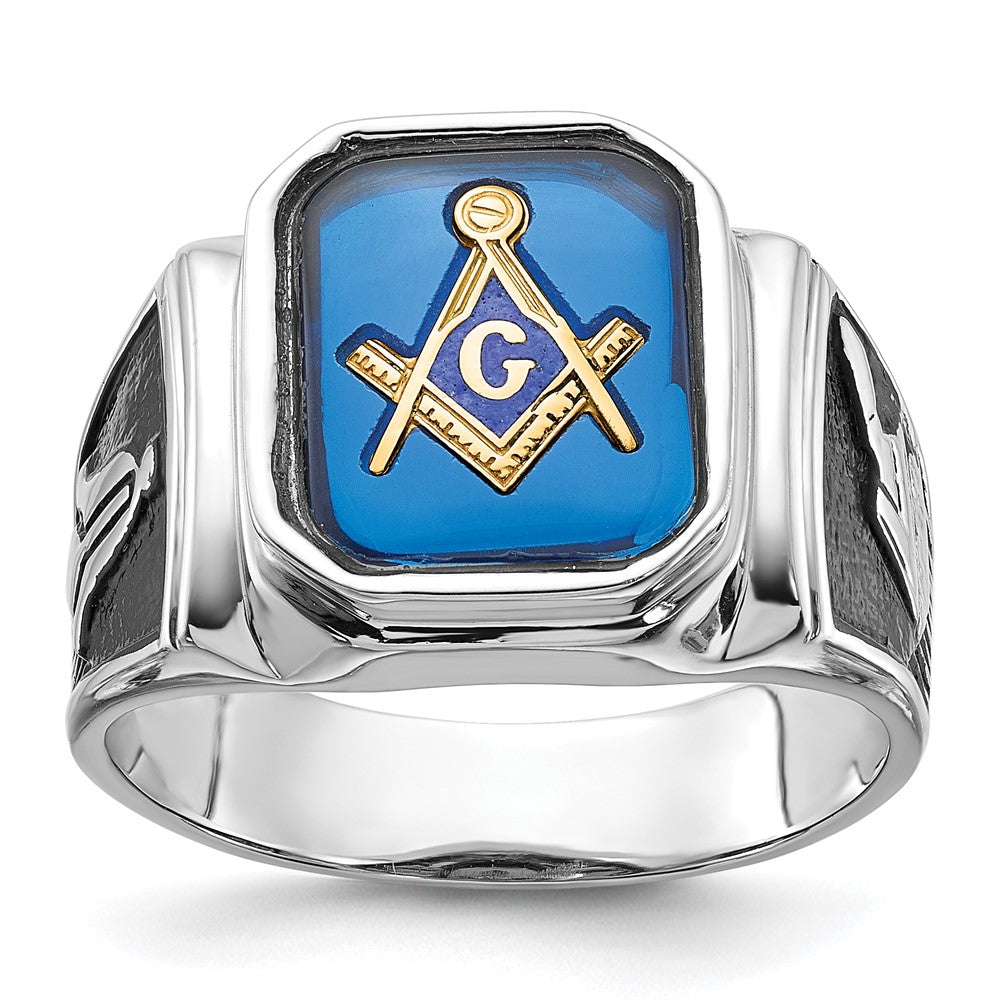 14k White Gold Polished and Textured with Black Enamel and Imitation Blue Spinel Masonic Ring