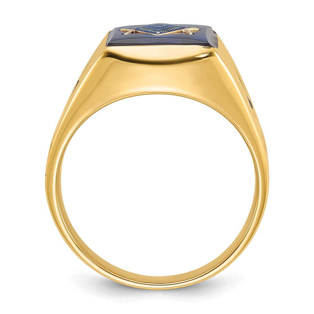 14k Men's Polished and Grooved with Black Enamel and Imitation Blue Spinel Masonic Ring