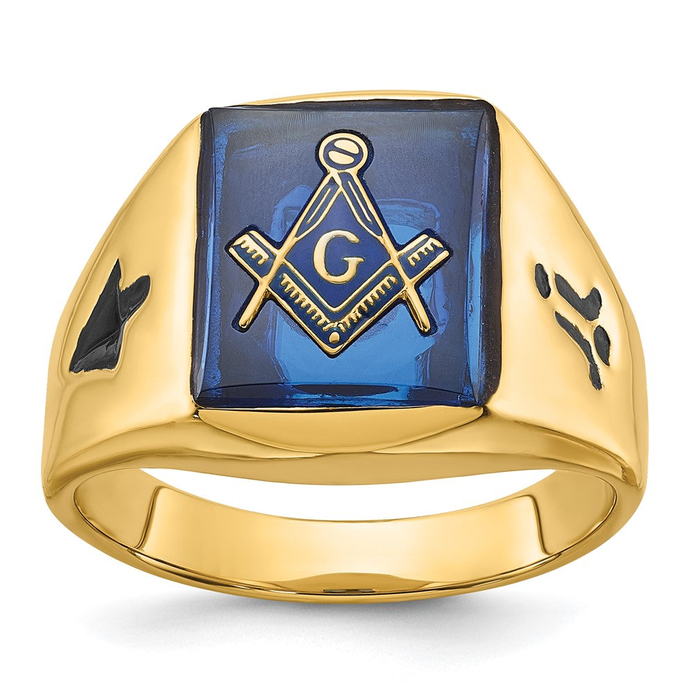 14k Men's Polished and Grooved with Black Enamel and Imitation Blue Spinel Masonic Ring