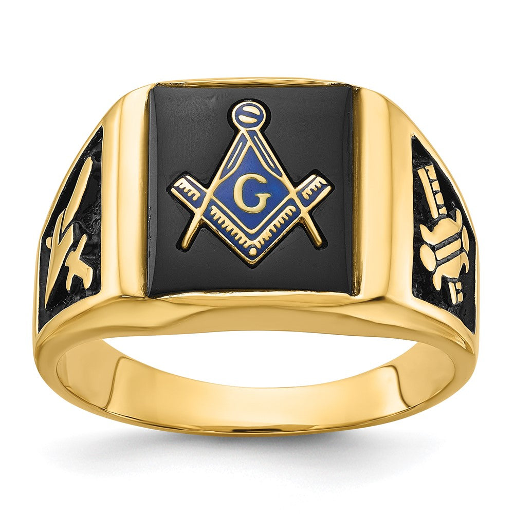 14k Men's Polished and Textured with Black Enamel & Onyx Masonic Ring