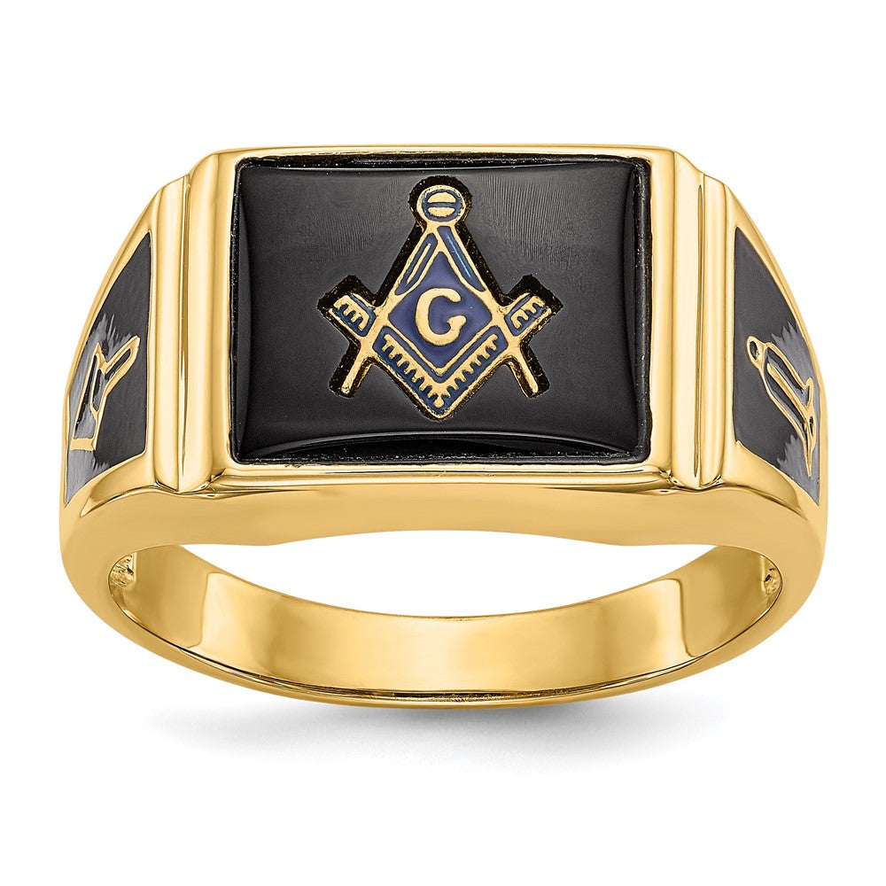 14k Men's Polished and Textured with Black Enamel and Onyx Masonic Ring