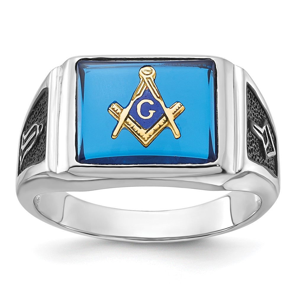 14k White Gold Men's Polished and Textured with Black Enamel and Imitation Blue Spinel Masonic Ring