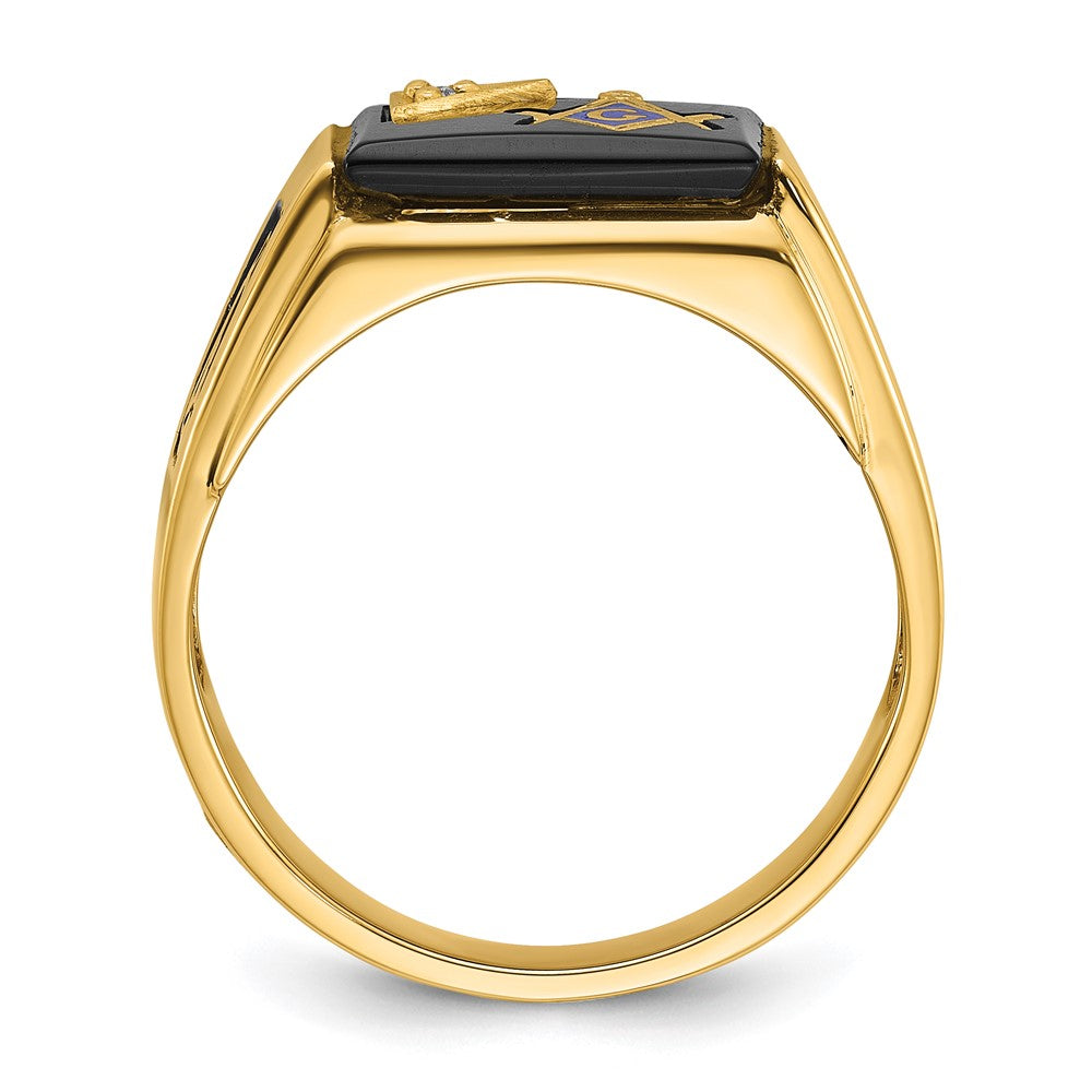 14k Men's Polished and Textured with Black Enamel, Onyx and AA Quality Diamond Masonic Ring