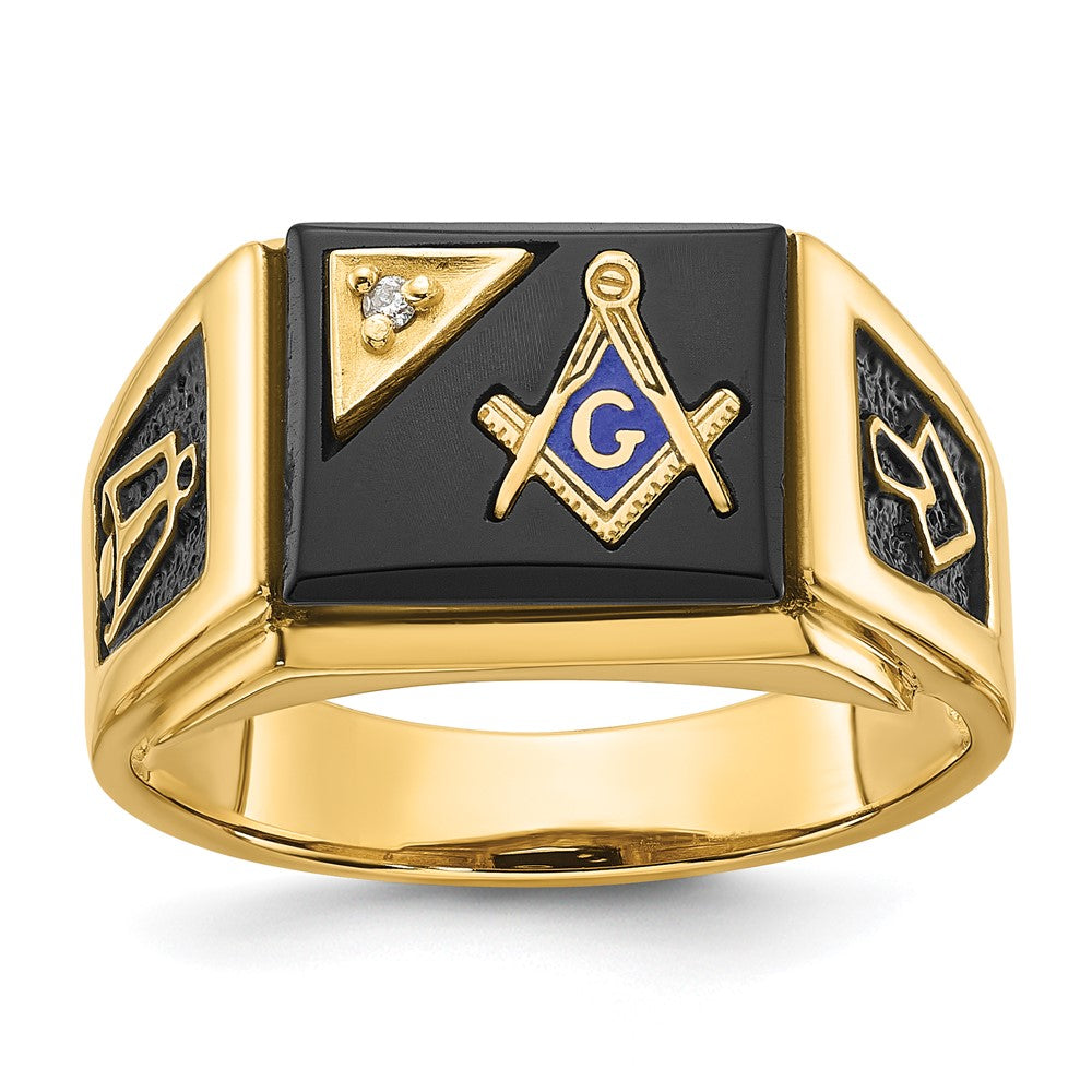 14k Men's Polished and Textured with Black Enamel, Onyx and AA Quality Diamond Masonic Ring