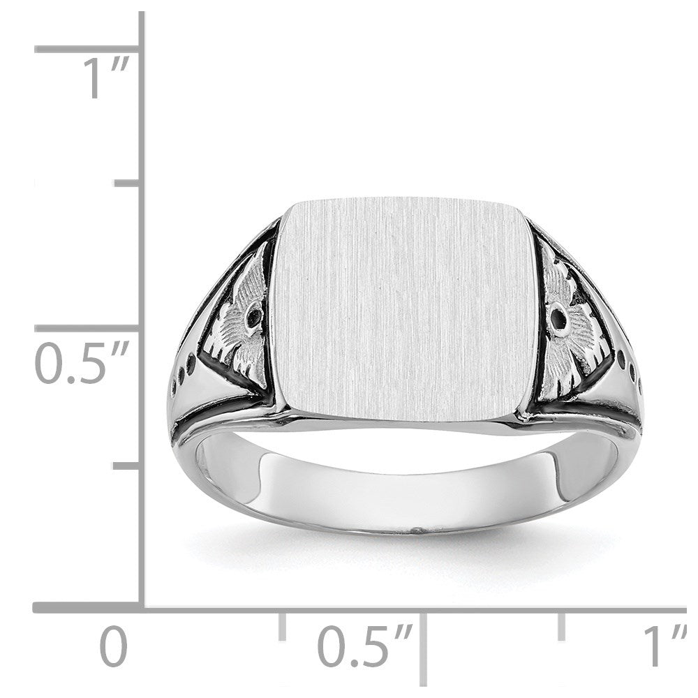 14k White Gold 11.5x Rectangle Closed Back Antiqued Mens Signet Ring