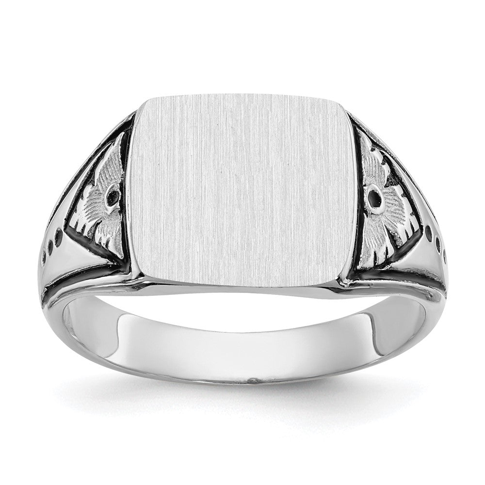 14k White Gold 11.5x Rectangle Closed Back Antiqued Mens Signet Ring