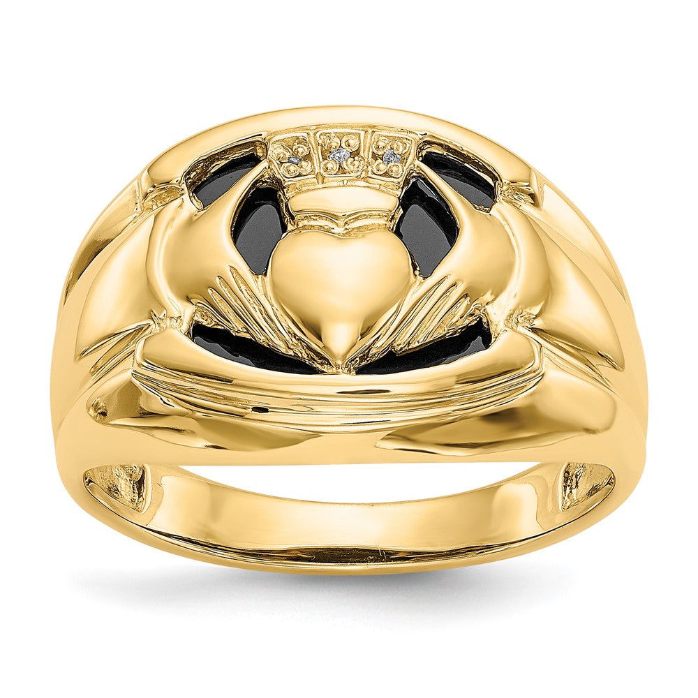 14k AA Diamond and Onyx Mens Claddagh Ring