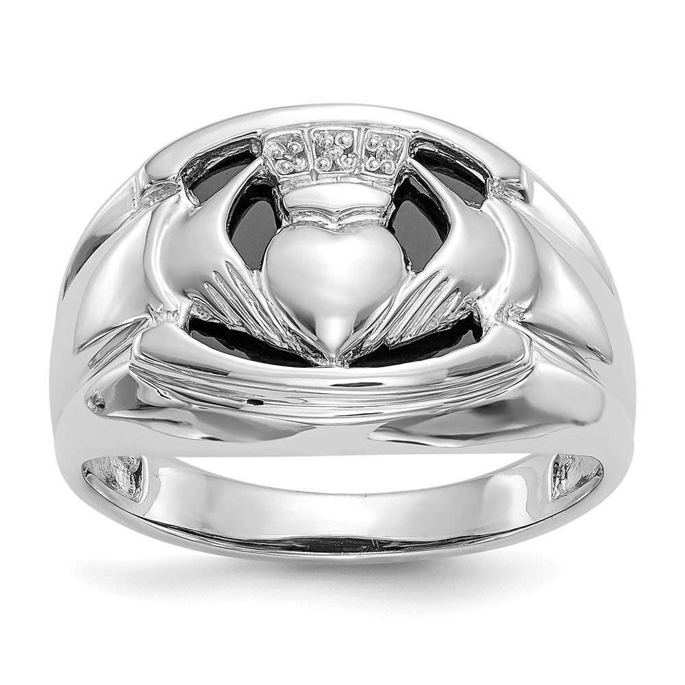 14k White Gold AA Diamond and Onyx Mens Claddagh Ring