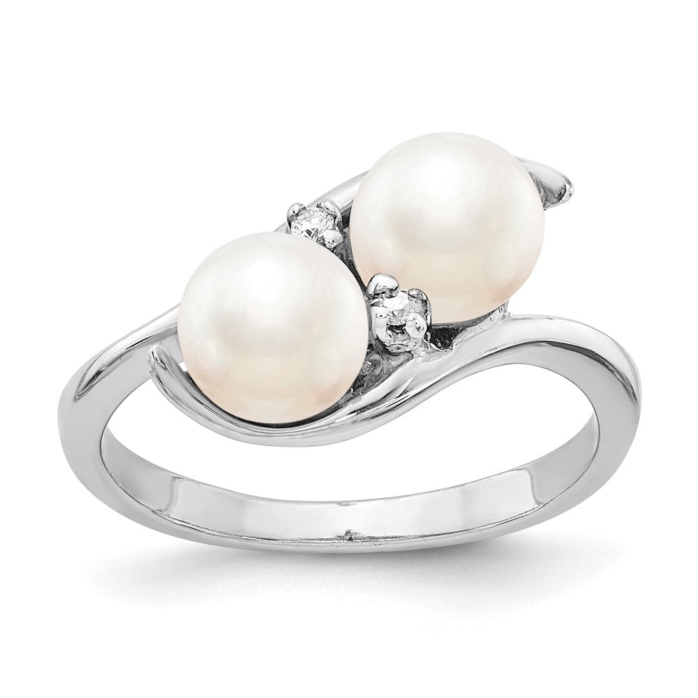 14k White Gold White Freshwater Cultured Two-Pearl and AA Diamond Ring
