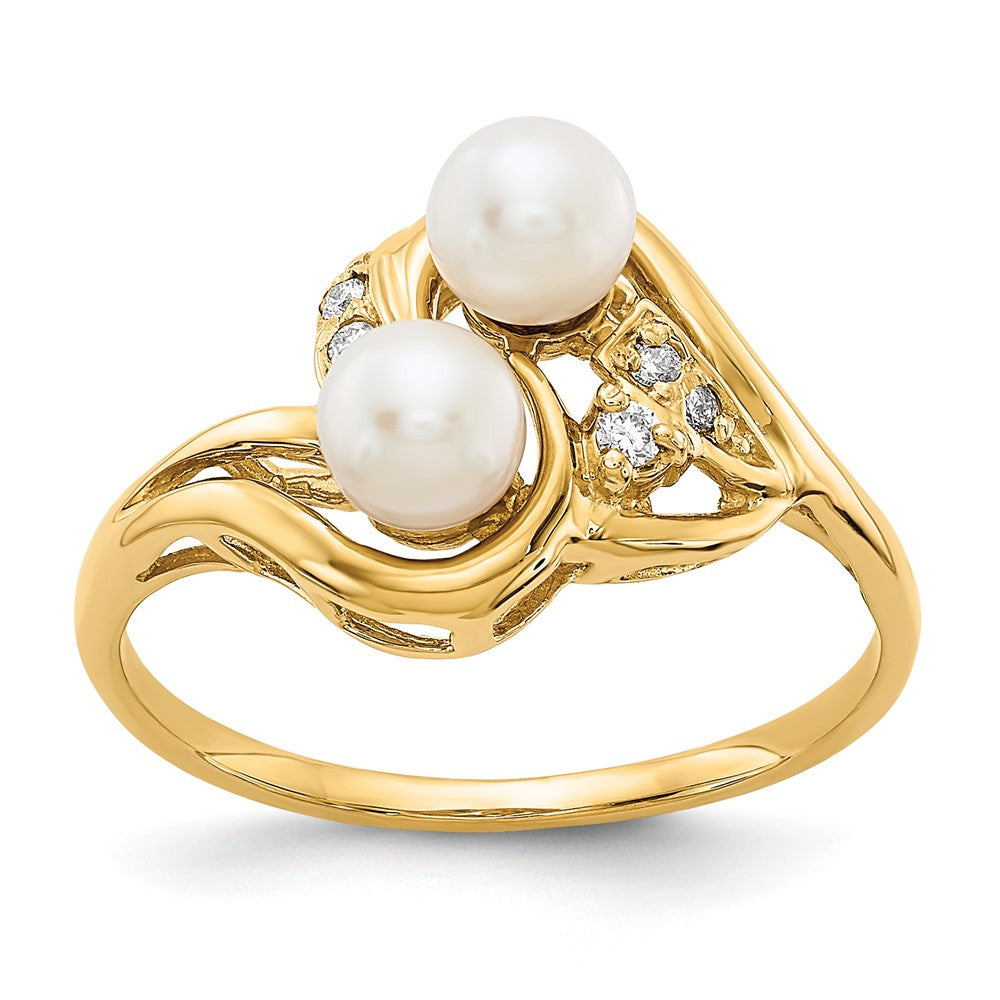 14k White Freshwater Cultured Two-Pearl and 1/20 carat AA Diamond Ring