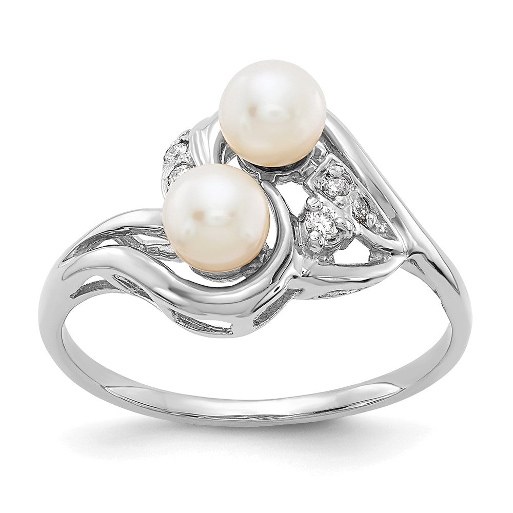 14k White Gold White Freshwater Cultured Two-Pearl and 1/20 carat AA Diamond Ring