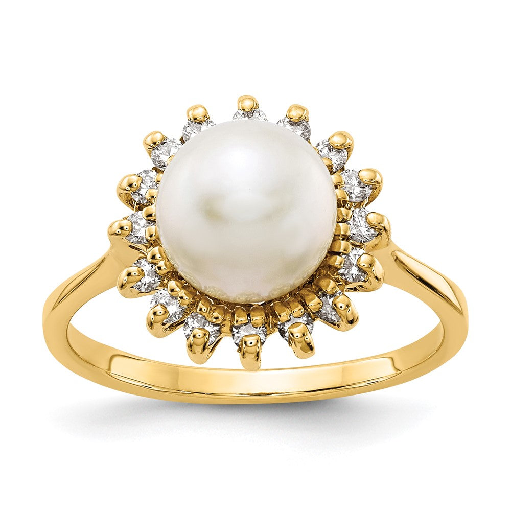 14k White Freshwater Cultured Pearl and 1/4 carat AA Diamond Halo Ring