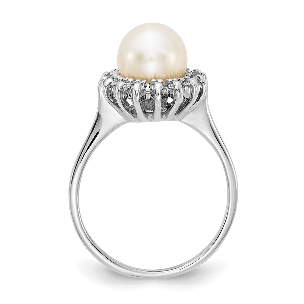 14k White Gold White Freshwater Cultured Pearl and 1/4 carat AA Diamond Halo Ring