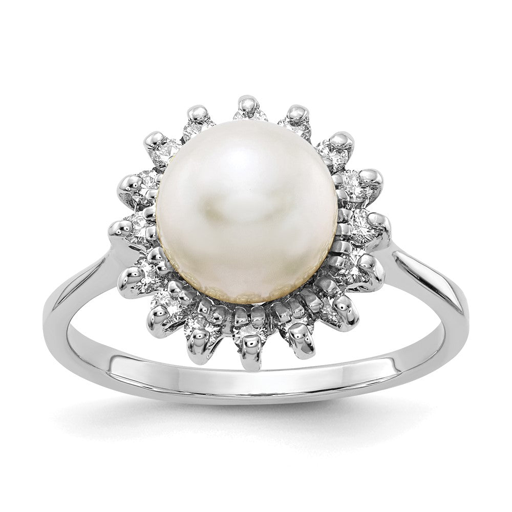 14k White Gold White Freshwater Cultured Pearl and 1/4 carat AA Diamond Halo Ring