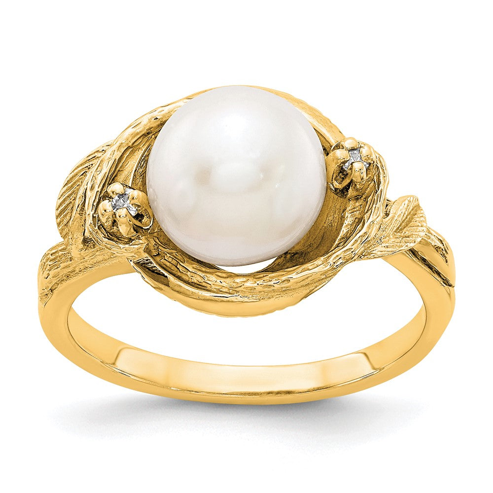 14k White Freshwater Cultured Pearl and AA Diamond Swirl Ring
