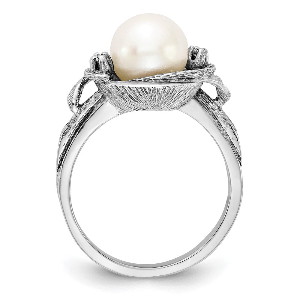 14k White Gold White Freshwater Cultured Pearl and AA Diamond Swirl Ring