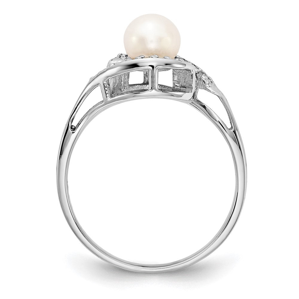 14k White Gold White Freshwater Cultured Pearl and 1/20 carat AA Diamond Bypass Ring