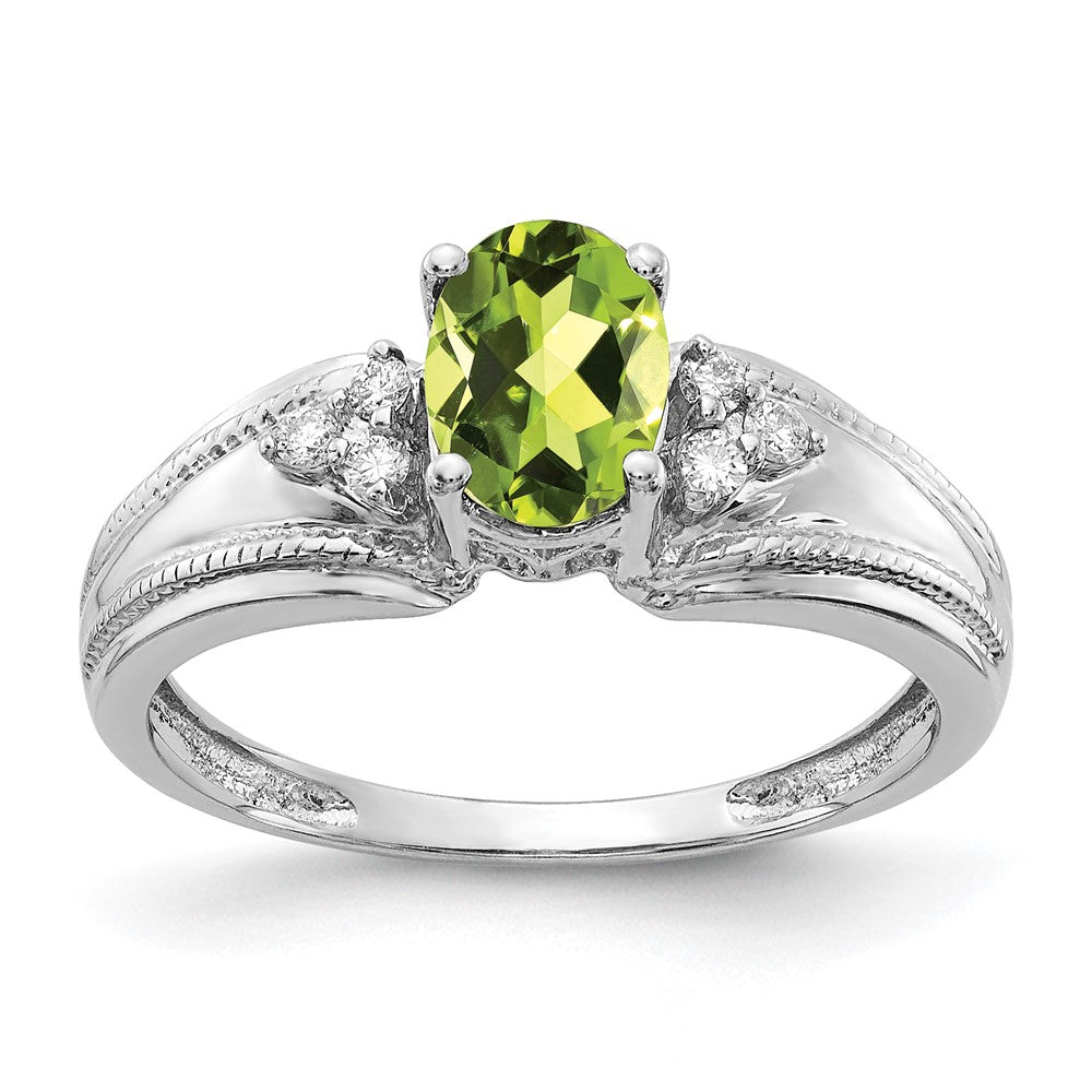 14k White Gold 7x Oval Peridot and 1/15 carat A Diamond Ring
