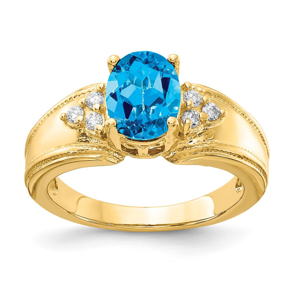 14k 8x Oval Blue Topaz AA Diamond ring