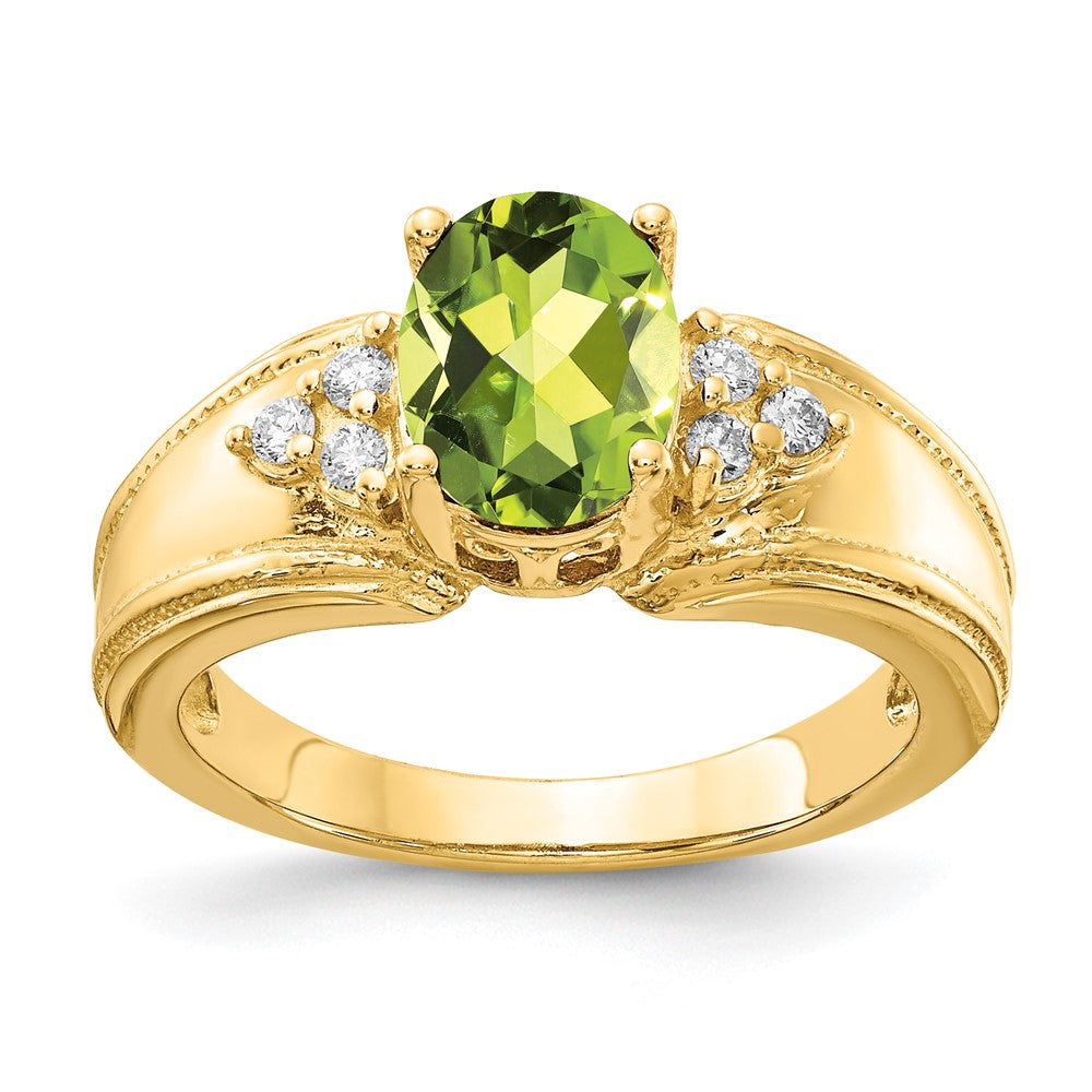 14k 8x Oval Peridot and 1/10 carat AAA Diamond Ring