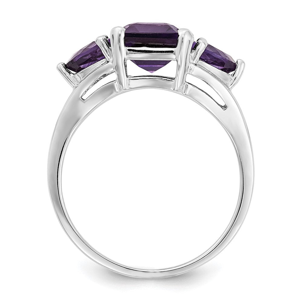 14k White Gold 9x Emerald-cut and Trillion Amethyst 3-Stone Ring