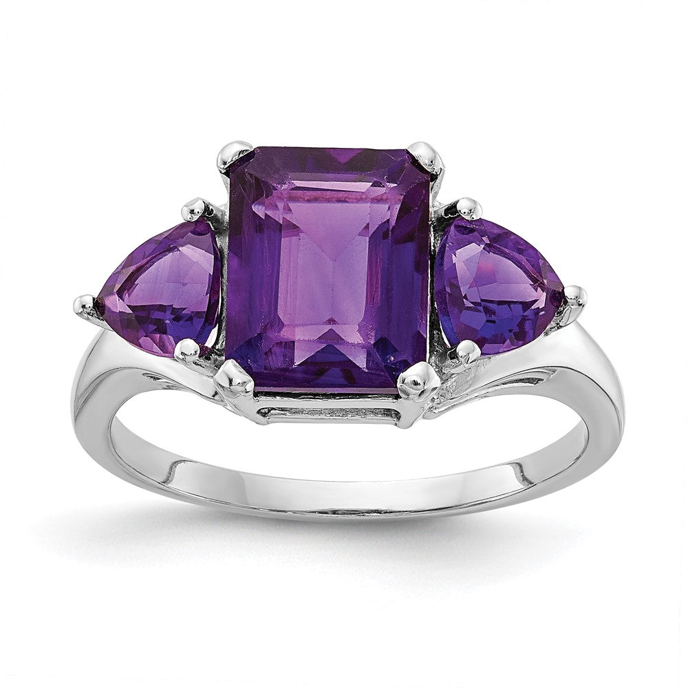 14k White Gold 9x Emerald-cut and Trillion Amethyst 3-Stone Ring