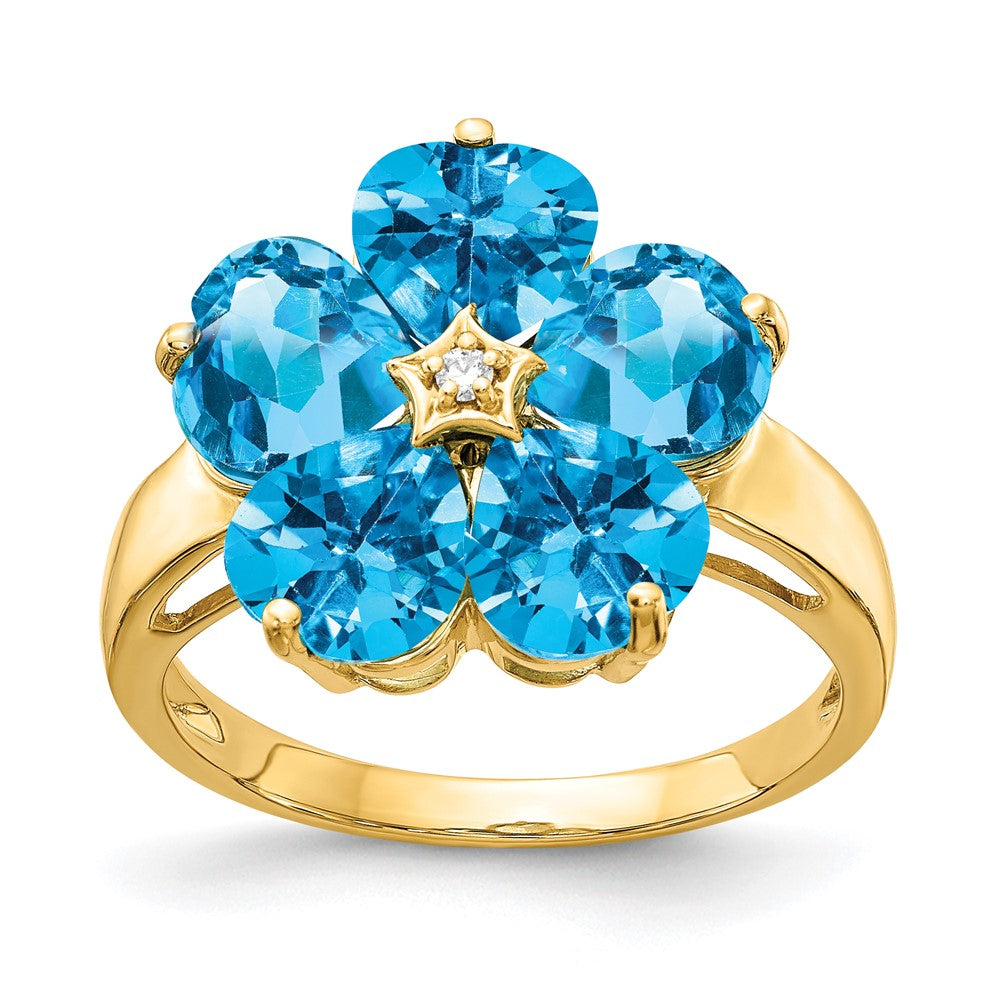14k Heart Blue Topaz and A Diamond Flower Ring
