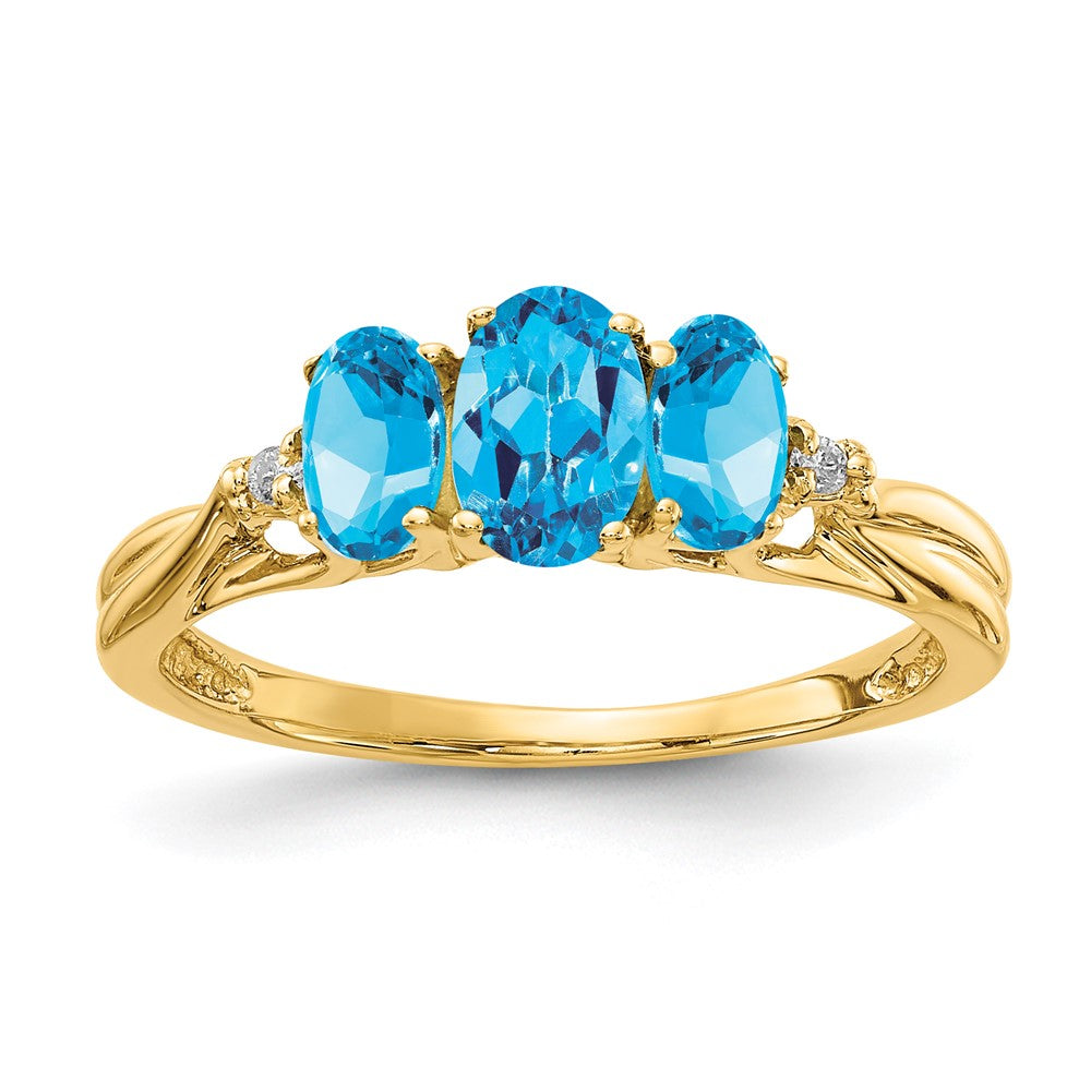 14k 6x4 / 5x Oval Blue Topaz and Diamond 3-Stone Ring