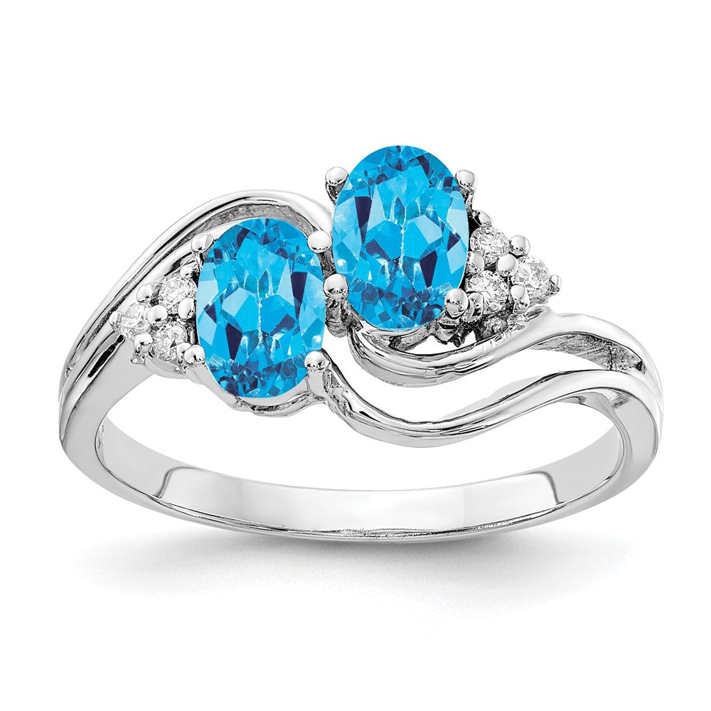 14k White Gold 6x Oval Blue Topaz and 1/20 carat A Diamond 2-Stone Ring