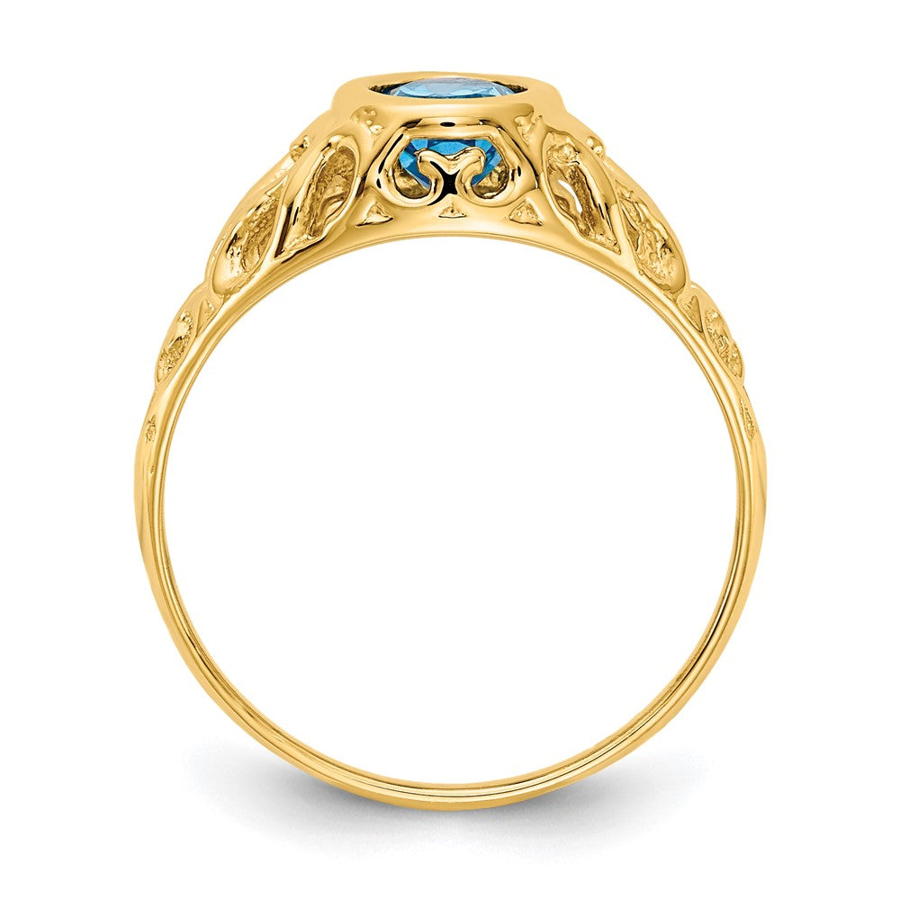 14k 7x Oval Blue Topaz Bezel Heart Filigree Ring
