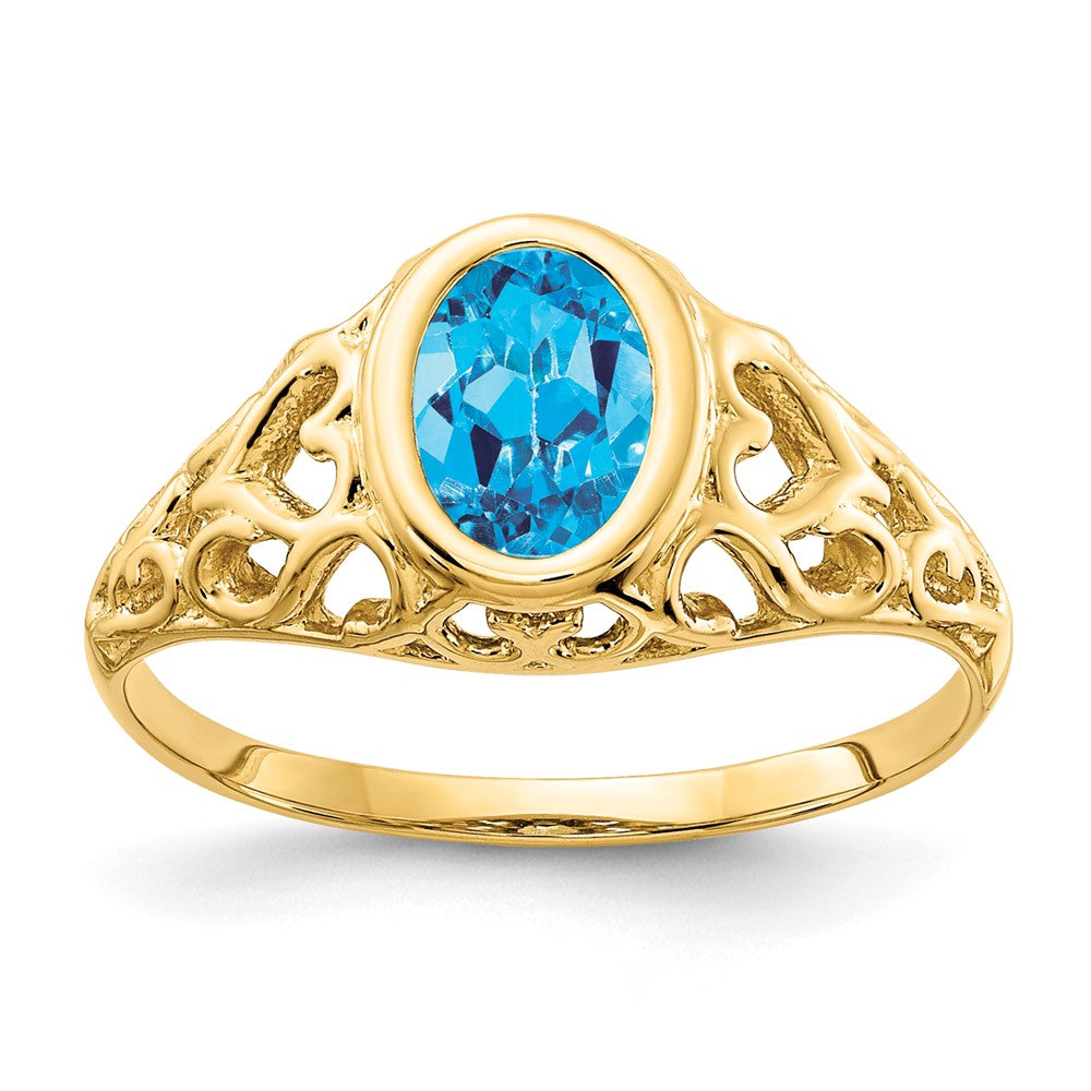 14k 7x Oval Blue Topaz Bezel Heart Filigree Ring