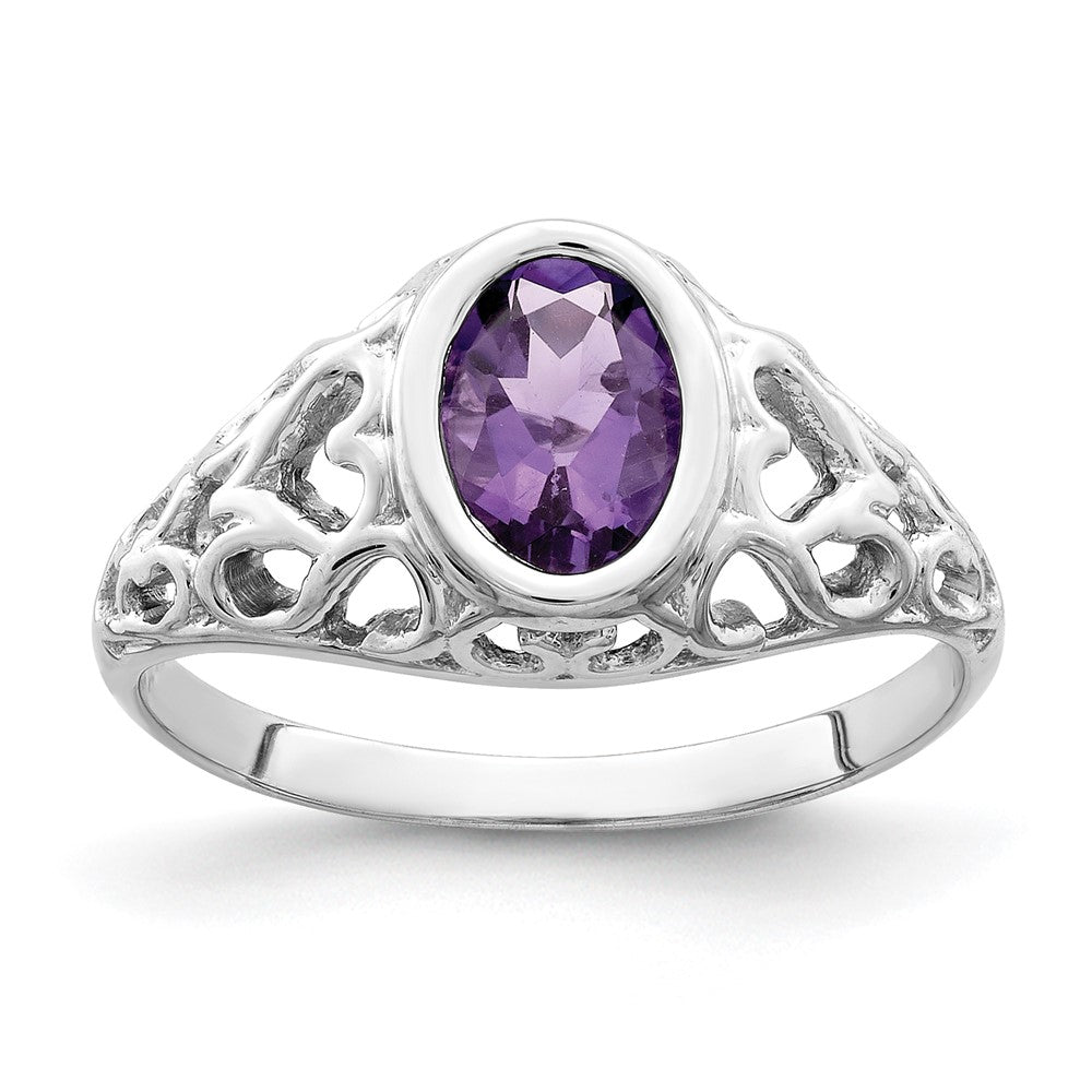 14k White Gold 7x Oval Amethyst Bezel Heart Filigree Ring
