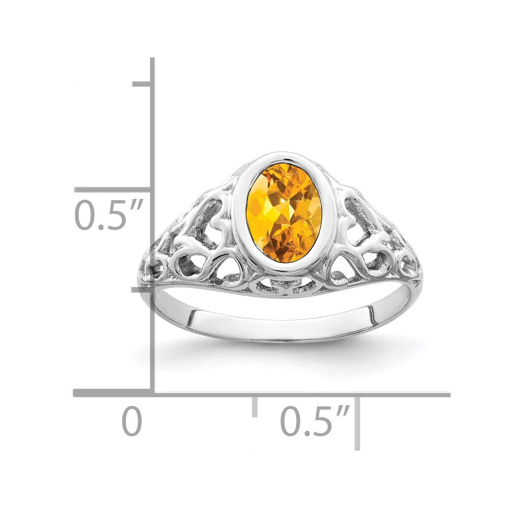 14k White Gold 7x Oval Citrine Bezel Heart Filigree Ring