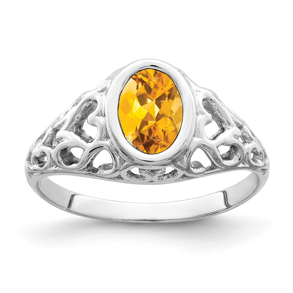 14k White Gold 7x Oval Citrine Bezel Heart Filigree Ring
