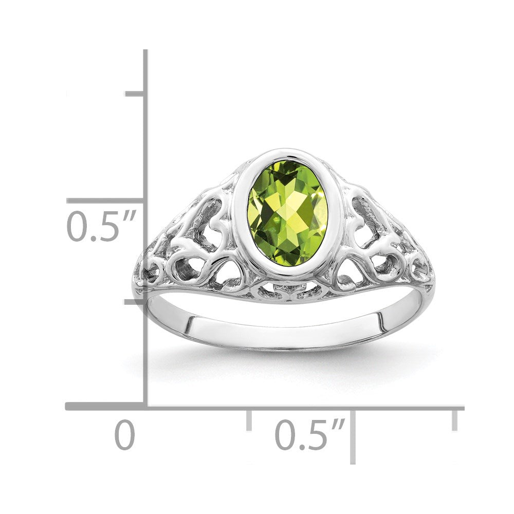 14k White Gold 7x Oval Peridot Bezel Heart Filigree Ring