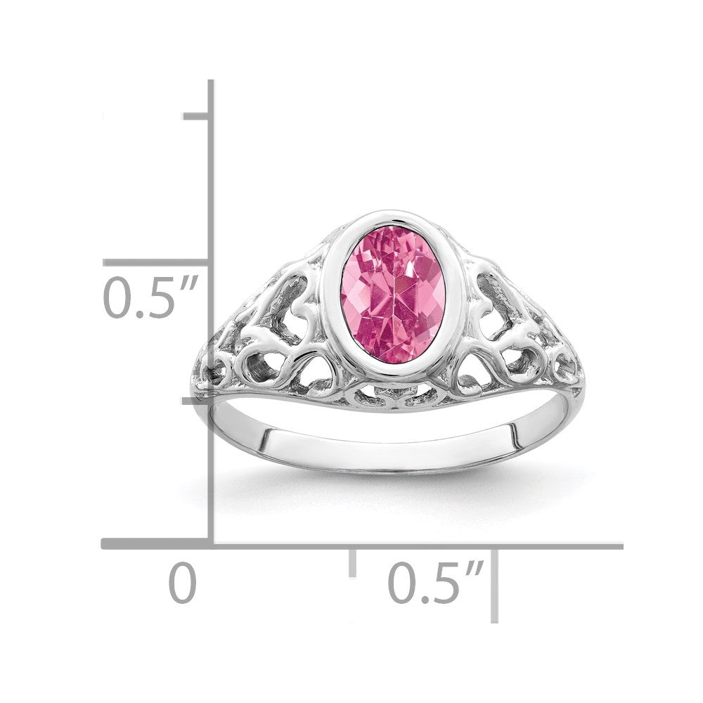 14k White Gold 7x Oval Pink Tourmaline Bezel Heart Filigree Ring