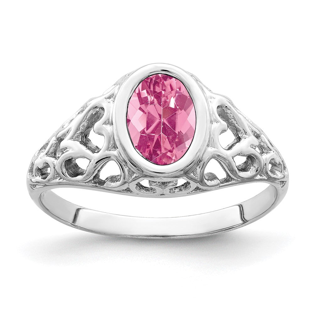 14k White Gold 7x Oval Pink Tourmaline Bezel Heart Filigree Ring