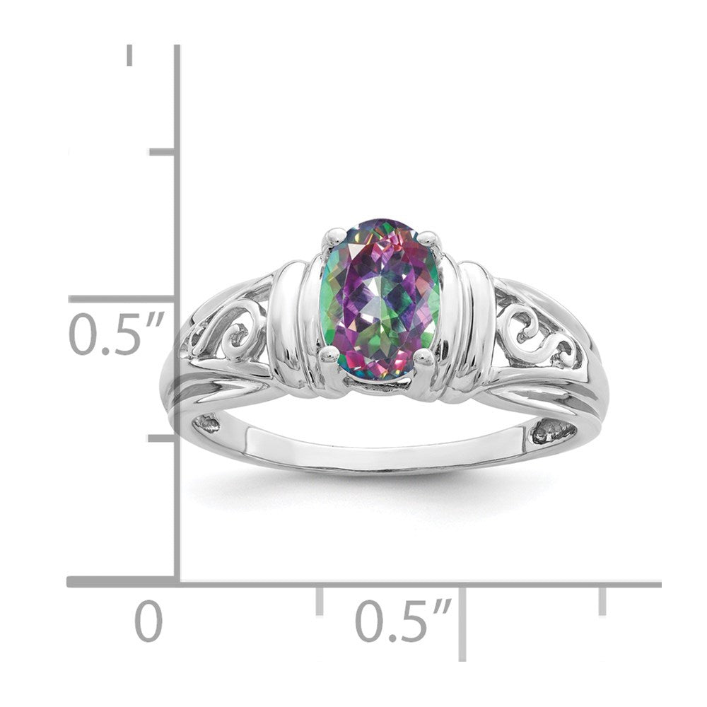 14k White Gold 7x Oval Mystic Fire Topaz Filigree Ring