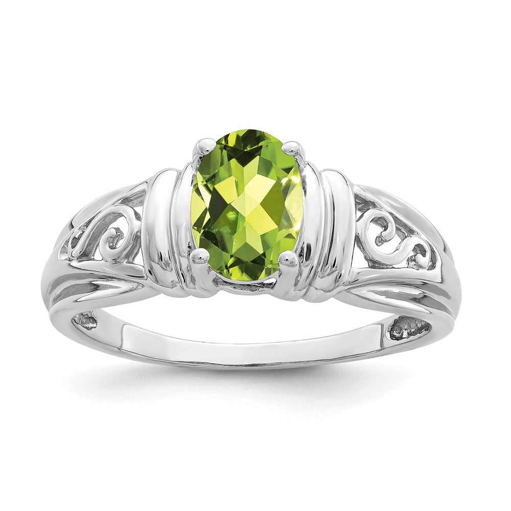 14k White Gold 7x Oval Peridot Filigree Ring