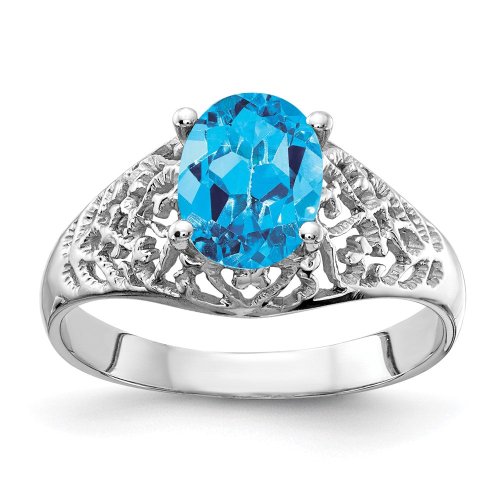 14k White Gold 8x Oval Blue Topaz Filigree Ring