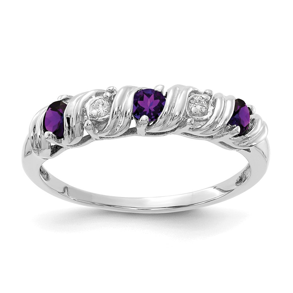 14k White Gold Round Amethyst and AA Diamond Twist Ring