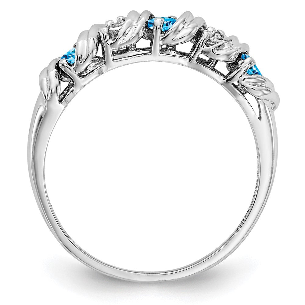 14k White Gold Round Blue Topaz and AA Diamond Twist Ring
