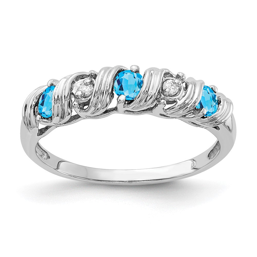 14k White Gold Round Blue Topaz and AA Diamond Twist Ring