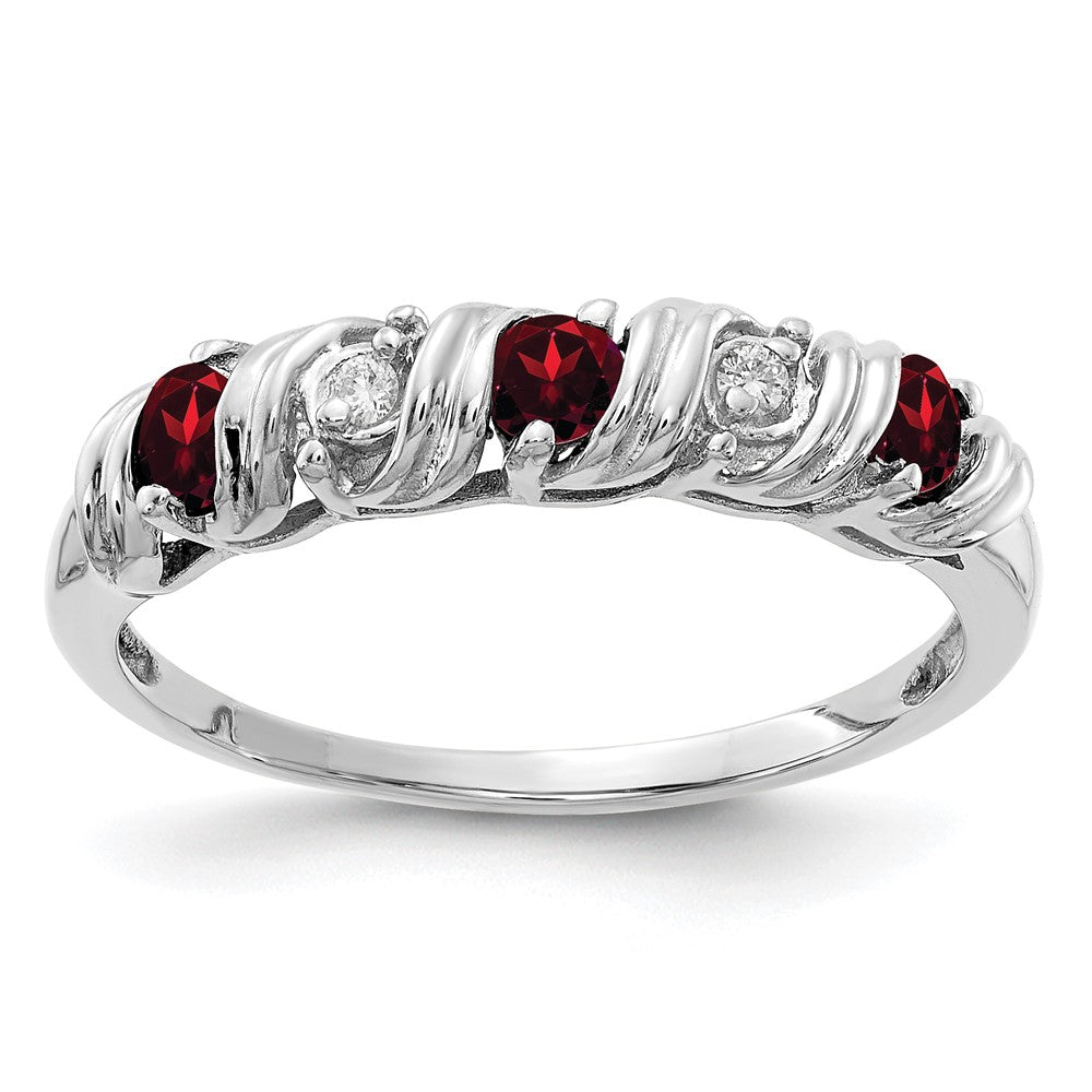 14k White Gold Round Garnet and AA Diamond Twist Ring